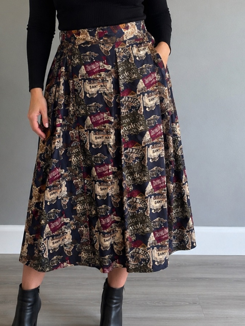 Vintage Jones New York Graphic Print Midi Skirt • Size 14 • 100% Rayon
